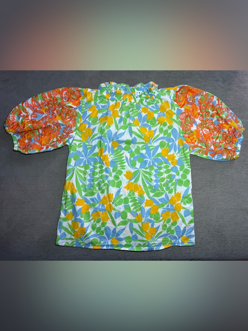 THML Floral Off-Shoulder Top in Yellow, Green, Blue with Orange Sleeves